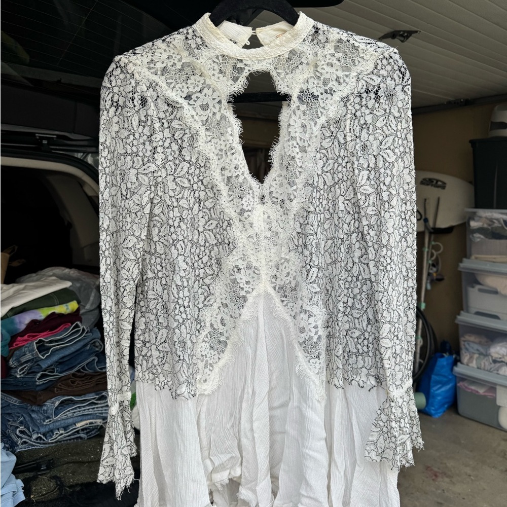 Free People White and Gray Lace Dress